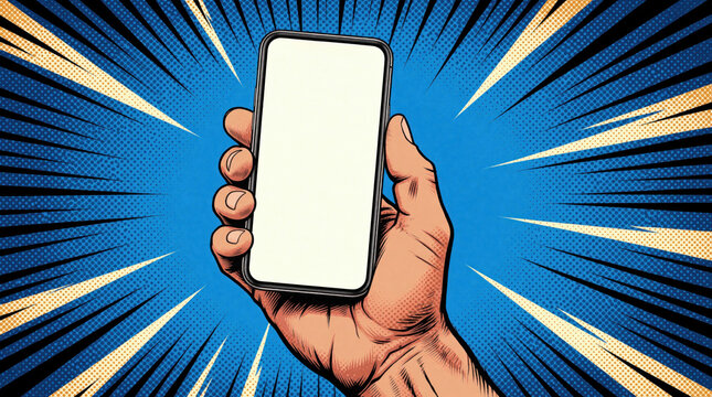 Human hand holds white smartphone screen against blue pop art background. Retro comic book style with halftone dots, dynamic sunburst rays. Digital mobile device with blank mockup for app interface