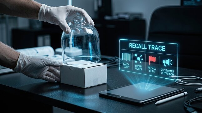 Laboratory scientist checking product recall trace on digital display in research facility