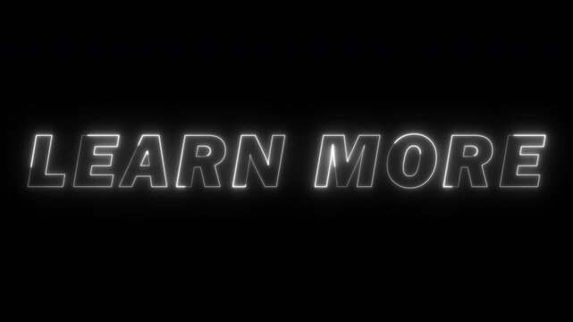 learn more text with neon trail animation on transparent background, 4k video