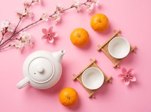 Serene Chinese New Year tea setting with oranges and cherry blossoms on pink background