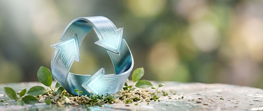 Recycling symbol made from blue plastic bottle caps on natural surface.