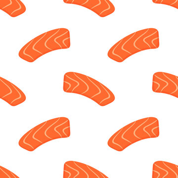Salmon Sashimi Slice Seamless Pattern Background. Flat Japanese Seafood Backdrop for Fabric Print, Packaging, and Restaurant Menu. Vector Illustration