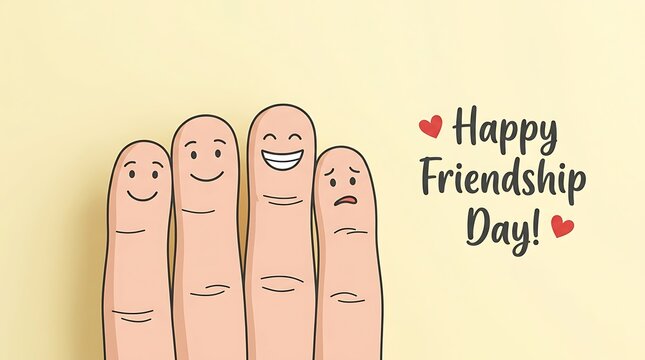 Happy Friendship Day concept with cute finger art faces on yellow background for greeting cards and social media posts
