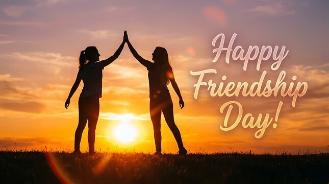 Silhouette of Two Best Friends Giving High Five at Sunset Background for Happy Friendship Day Greeting Card Banner