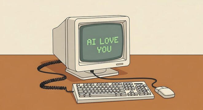 Retro computer monitor displays 'AI LOVE YOU' on desk