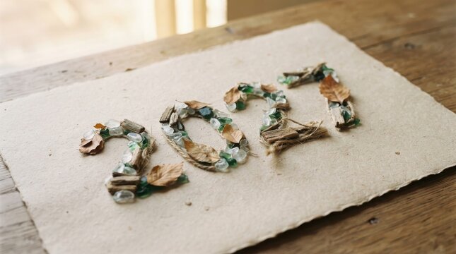 Natural materials arranged to form the number twenty twenty one on paper