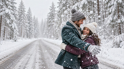 Fototapeta premium Happy romantic couple hugging and playing in falling snow on winter forest road