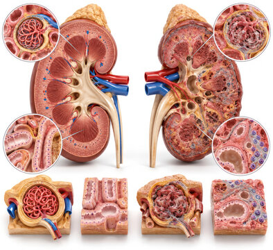 Healthy and Diseased Kidney Anatomy Comparison with Glomeruli and Nephrons