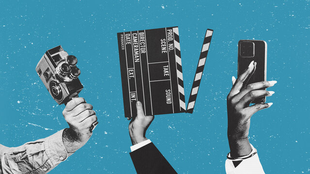 A hand holding a retro film camera, a smartphone, and a clapperboard. Film production equipment to choose from.