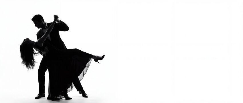 Silhouette of an elegant couple dancing a passionate ballroom dance on a white background
