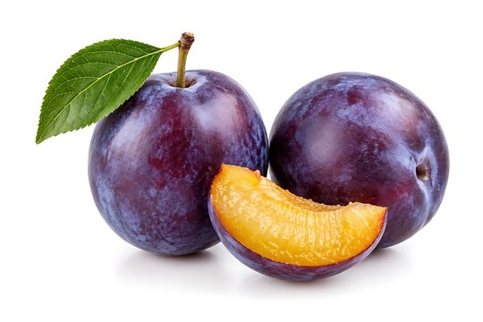 Fresh ripe purple plums with green leaf and slice, organic juicy plum fruit isolated on white background, sweet raw plum harvest