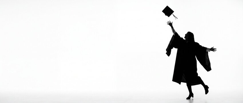 Silhouette of joyful university graduate woman tossing her academic cap, celebrating graduation achievement