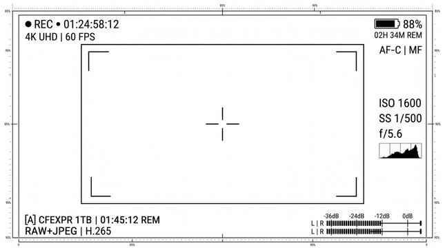 Digital camera viewfinder screen overlay with technical shooting parameters, recording symbols, and focus frame