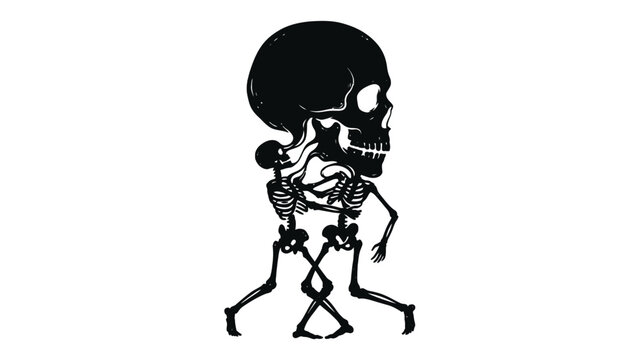 Surreal black and white illustration of two skeletal figures dancing with large skull design