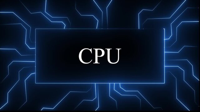 glowing blue color neon CPU concept featuring circuit board lines and digital data flow animation for high-tech computing, artificial intelligence, cybersecurity, and advanced ... 