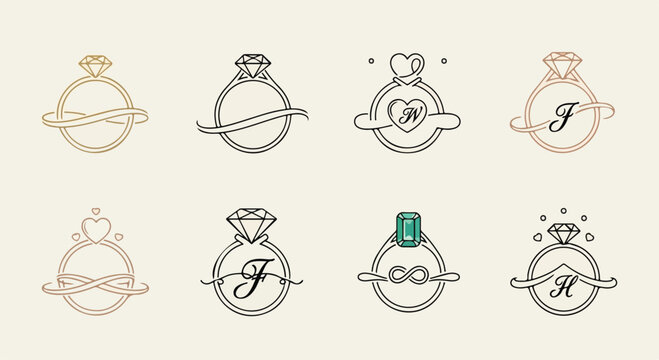 A collection of eight elegant line art ring logos featuring gemstones, ribbons, hearts, and initial letters, suitable for jewelry brands or wedding themes.
