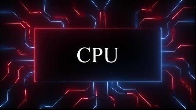 glowing blue and red color neon CPU concept featuring circuit board lines and digital data flow animation for high-tech computing, artificial intelligence, cybersecurity, and advanced ... 