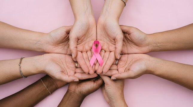 A diverse group of people holding their hands together in a circle, collectively supporting and cradling a bright pink ribbon representing breast cancer awareness and unity.