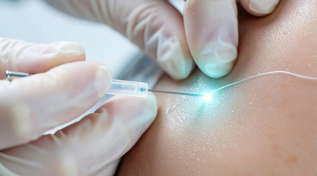 Macro view of gloved hands using cannula for PDO thread lift procedure. Doctor inserts dissolvable lifting threads under skin for collagen regeneration. Medical aesthetic treatment provides face
