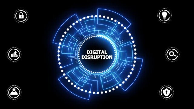 Digital disruption transformation innovation technology business internet concept. glowing animation on black background.4k video