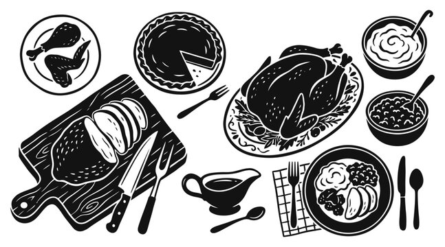 Black and white thanksgiving holiday icon images featuring vector art of traditional feast food items for seasonal dinner celebrations