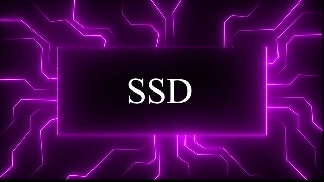 glowing color neon SSD concept featuring circuit board lines and digital data flow animation for high-tech computing, artificial intelligence, cybersecurity, and advanced 4k animation video,,,,,