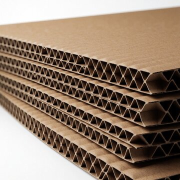 Stacked brown corrugated cardboard sheets with layered texture. Close up view of paper material for eco packaging industrial supply. Recyclable paperboard sheets organized for shipping products,