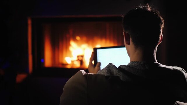 Young man relaxing by a cozy fireplace at home using tablet, enjoying warmth and digital connectivity in tranquil indoor setting.
