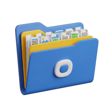 Blue folder icon with organized documents and tabs for digital file management isolated on transparent background