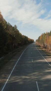 FPV drone footage flying above a long empty asphalt road cutting through colorful autumn forest under blue sky, scenic countryside travel and transportation concept