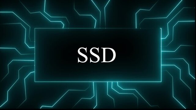 glowing cyan color neon SSD concept featuring circuit board lines and digital data flow animation for high-tech computing, artificial intelligence, cybersecurity, and advanced 4k animation video,,,,,