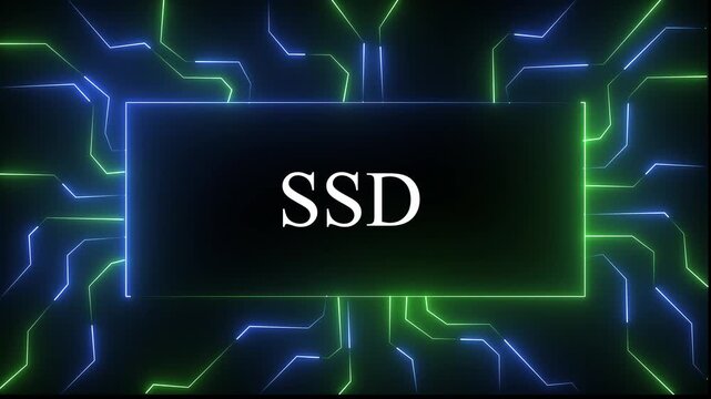 glowing colorful neon SSD concept featuring circuit board lines and digital data flow animation for high-tech computing, artificial intelligence, cybersecurity, and advanced 4k animation video,,,,,