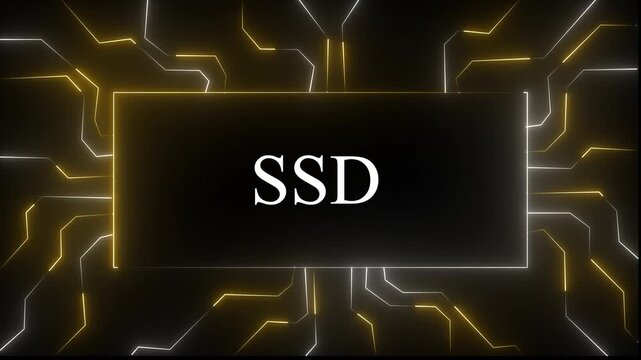 glowing yellow color neon SSD concept featuring circuit board lines and digital data flow animation for high-tech computing, artificial intelligence, cybersecurity, and advanced 4k animation video,,,