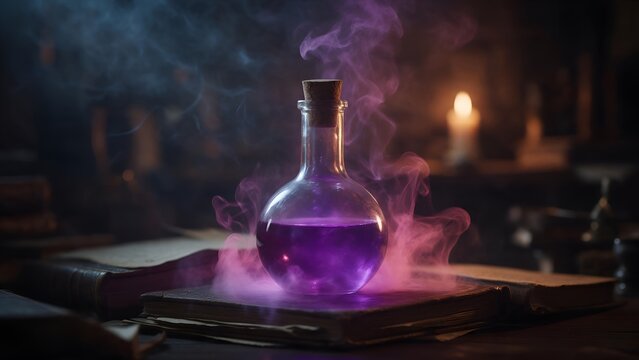 Mysterious glowing purple magic potion bottle resting securely atop an ancient dusty spellbook inside a dimly lit medieval wizard workshop filled with curling smoke plumes