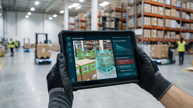 AI inventory management app on tablet with augmented reality scanning in automated warehouse