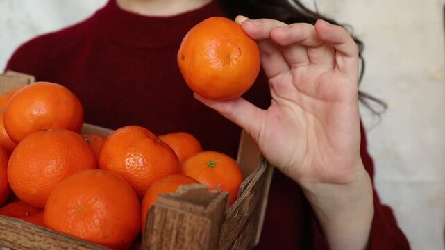Young woman brunette in red sweater keeping in hands a crate of clementine tangerines close up. Christmas table preparation, fruit vitamins in winter