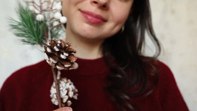 Young woman brunette in warm and cozy winter red sweater keeping festive decor branch close up. Pine Christmas conifer branch with cones in woman hands, Christmas decor preparation