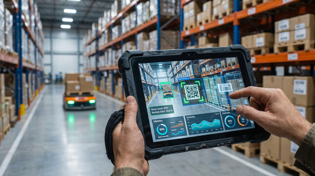 AI inventory management app on tablet with augmented reality scanning in automated warehouse