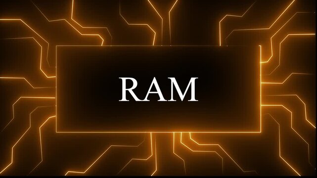 glowing orange color neon ROM concept featuring circuit board lines and digital data flow animation for high-tech computing, artificial intelligence, cybersecurity, and advanced ... 