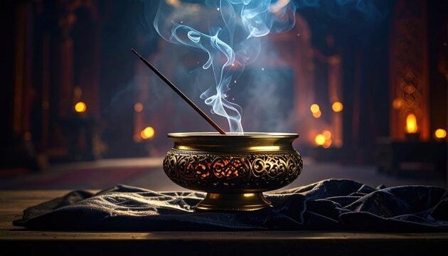 Intricately Designed Polished Brass Incense Holder Emitting Aromatic Smoke