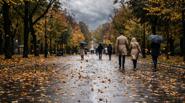 People walking on a rainy autumn day with umbrellas in a park  