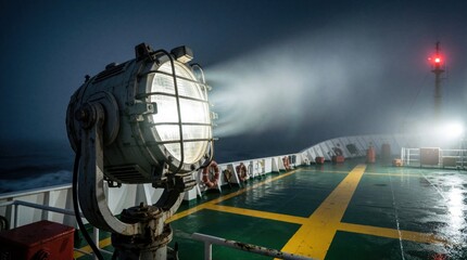 Fototapeta premium Powerful searchlight shines bright beam on wet ship deck at night. Marine spotlight illuminates foggy sea for vessel navigation, safety. Industrial maritime equipment works in dark ocean weather
