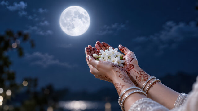 Henna hands offering jasmine flowers toward bright full moon, moonlit lake at night, sharad purnima prayer, hindu devotional ritual