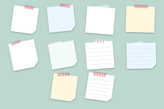 Collection of colorful paper sticky notes attached with tape on a soft green background transparent background