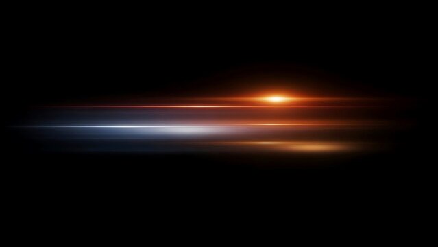 Horizontal light streak with glowing orange and blue lens flare on black background