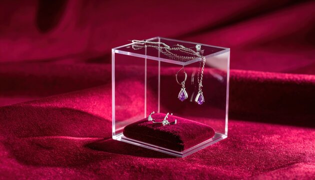 Elegant Acrylic Display Cube Showcasing Purple Gemstone Jewelry and Silver Necklace