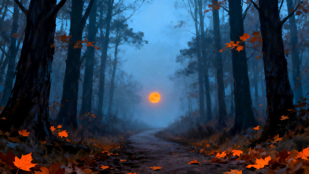 Atmospheric Halloween forest path with glowing moon