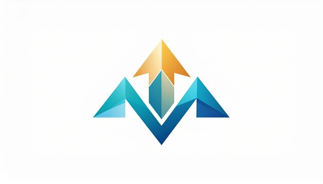 A stylized geometric logo features a blue mountain shape with a gold arrow pointing upward.