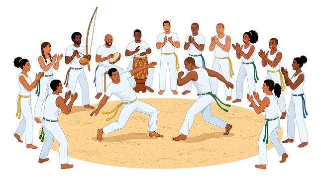 People in white uniforms practicing traditional capoeira martial arts with live music instruments including berimbau and atabaque inside training circle.