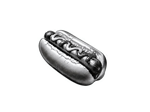 Retro Halftone Hot Dog Illustration, Vintage Fast Food Pop Art Sticker Style Isolated Cutout Graphic   
